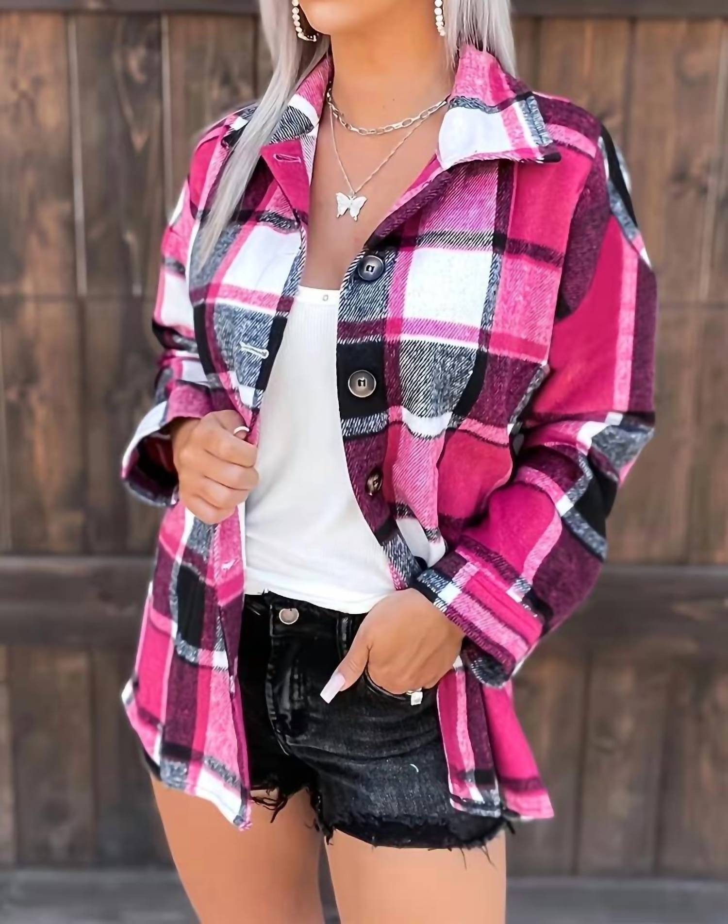 Rosa Clothing Autumn Shacket Plaid Shirt Jacket in rose red 1 - women's jacket