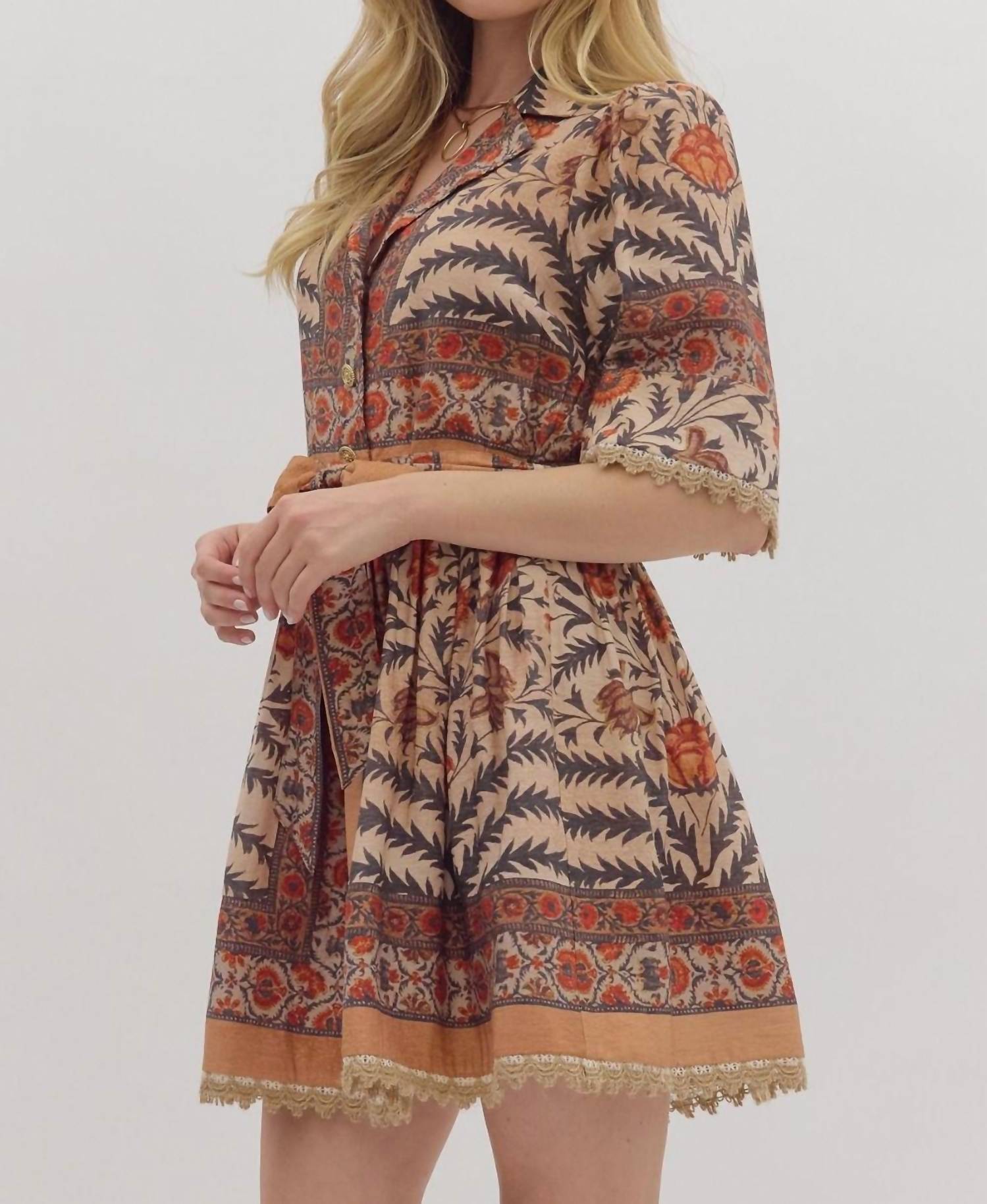 entro Botanical Puff Sleeve Mini Dress in charcoal - women's dress - detail view