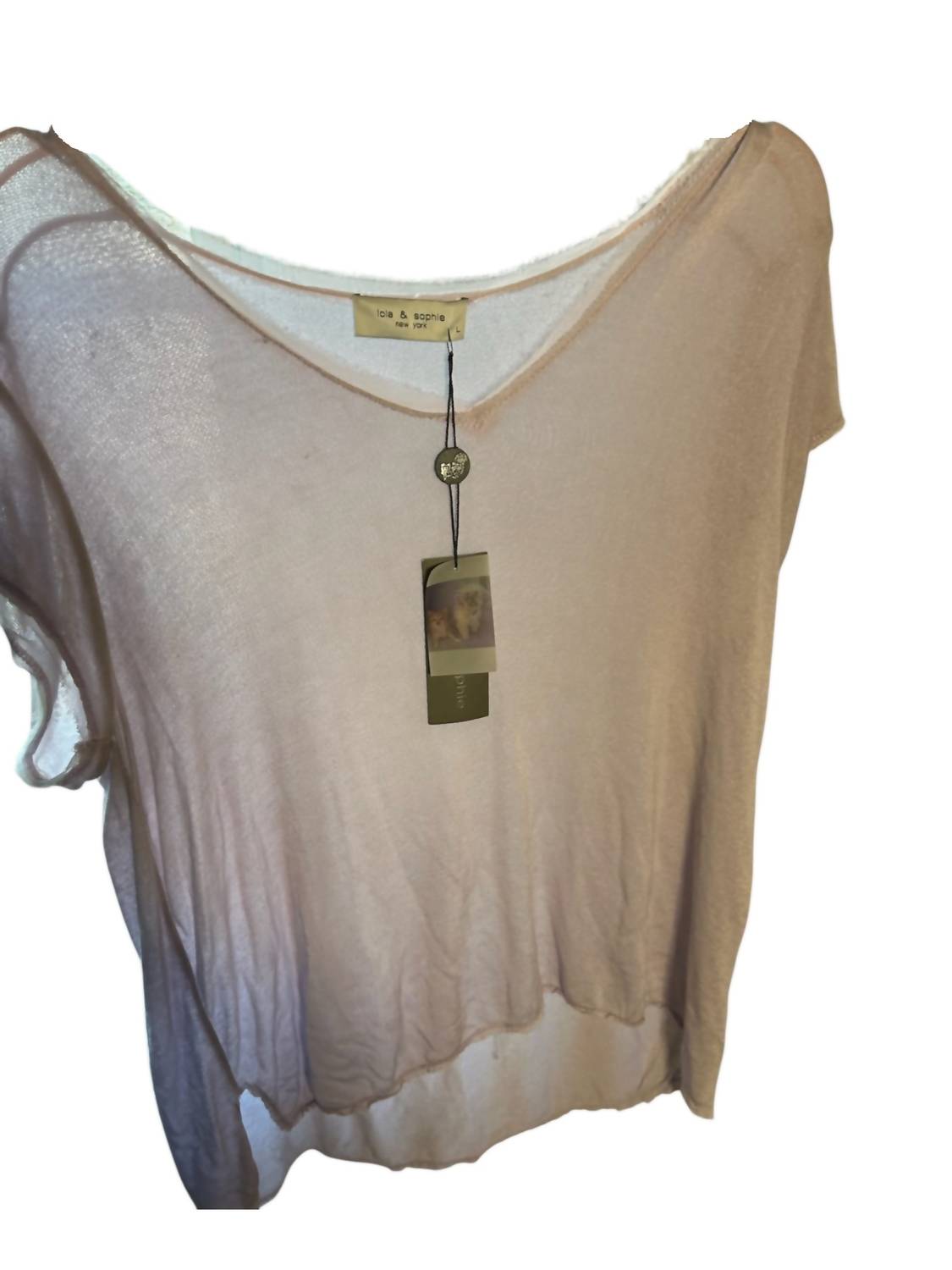 Lola & Sophie Women's Silk Mesh Fringe V-neck Top in light pink - women's t-shirt