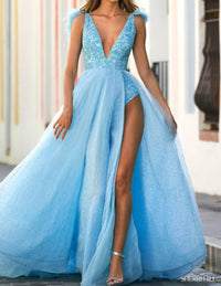Sherri Hill Plunging Neckline Bodysuit Dress in light blue - women's dress