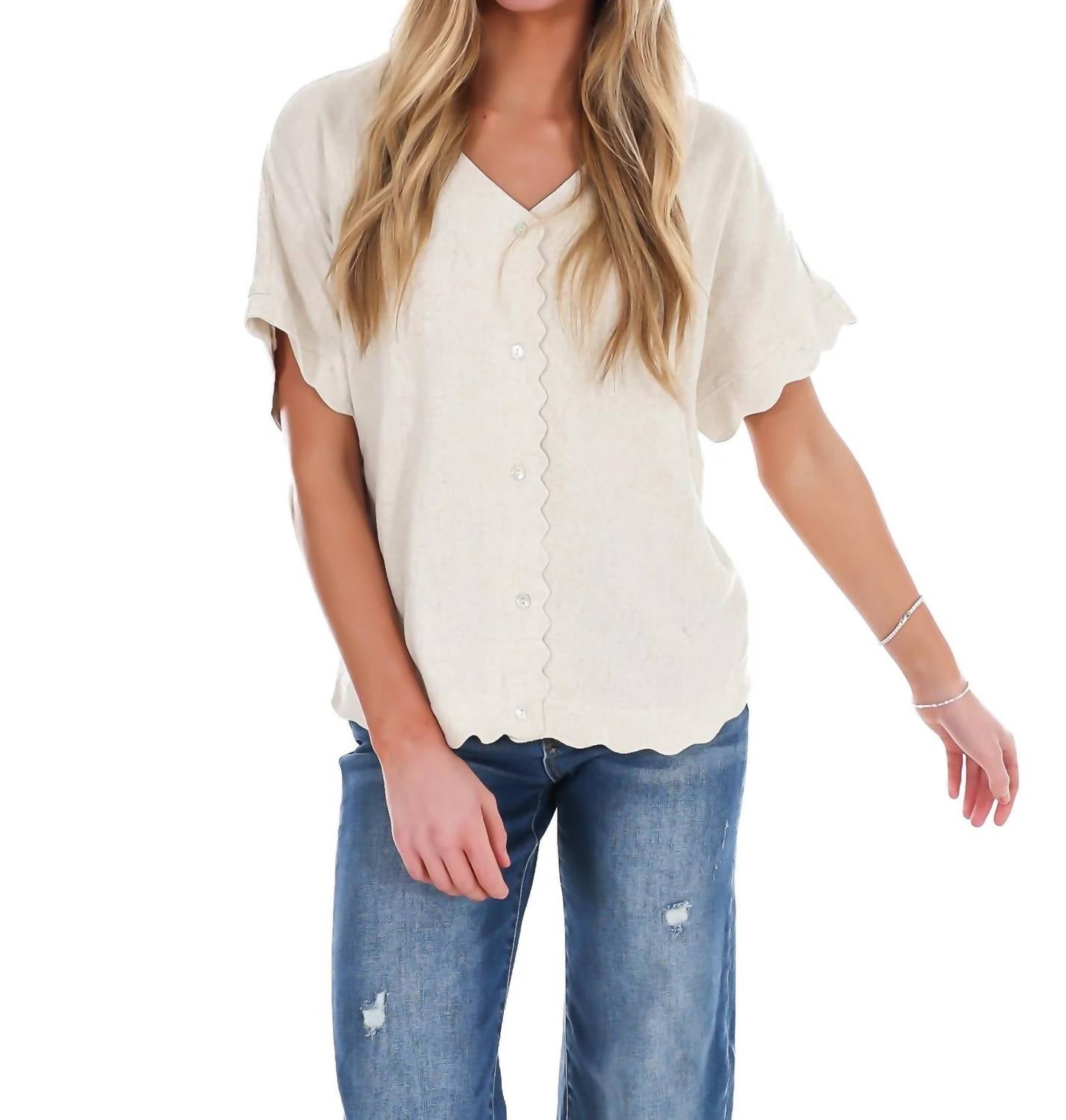 Umgee - Refined Edge Linen Scallop Button Up Top