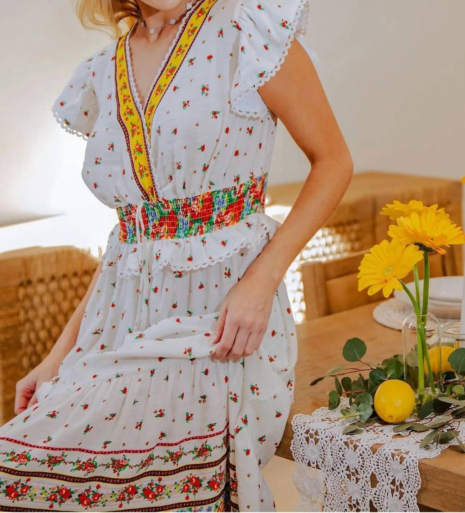 Easel - Floral Border Print Cap Sleeve Midi Dress