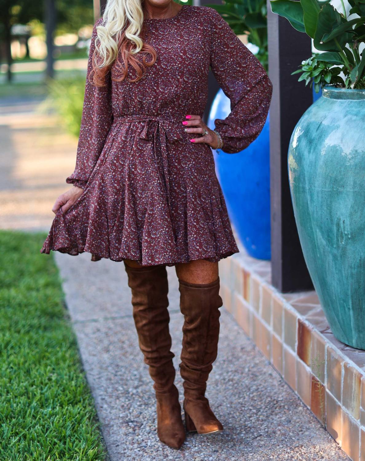 She + Sky - Long Sleeve Print Dress With Flutter Bottom