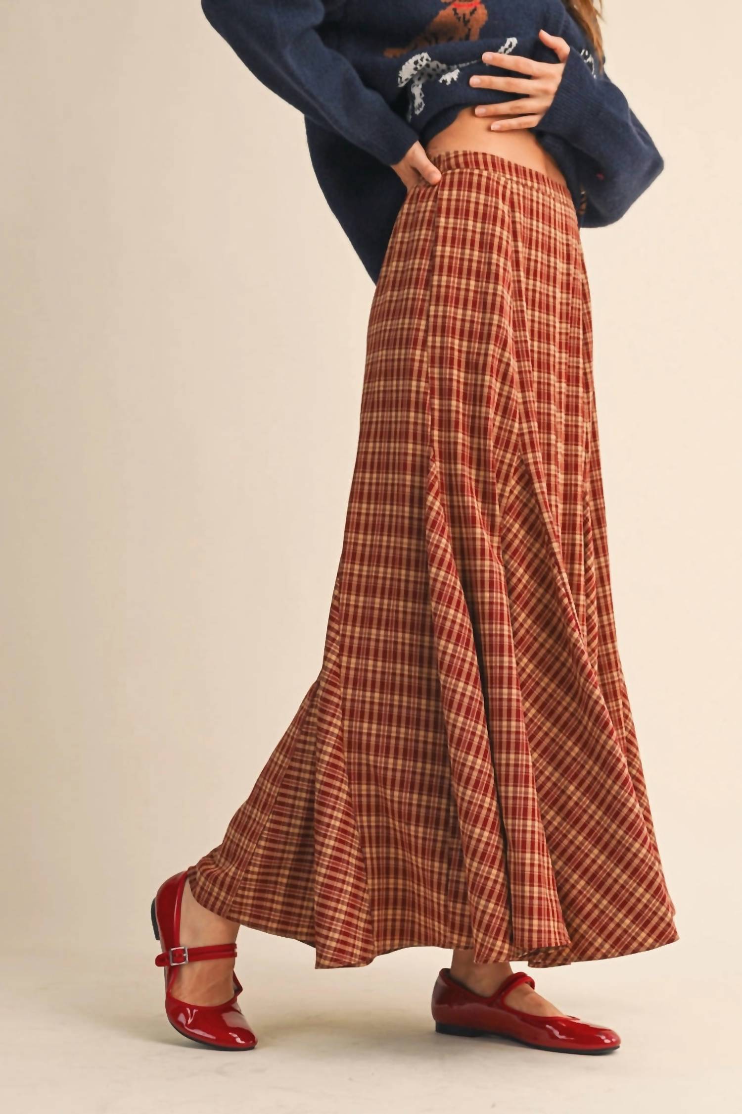 &merci Plaid Maxi Skirt in burgundy - women's skirt - detail view