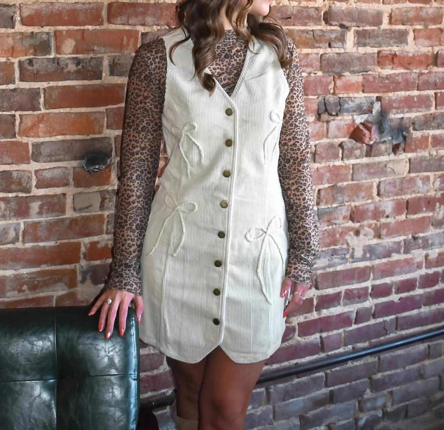 Peach Love - Bow Corduroy Mini Dress