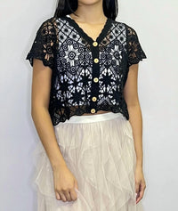Papillon - Button Front Short Sleeve Crochet Top