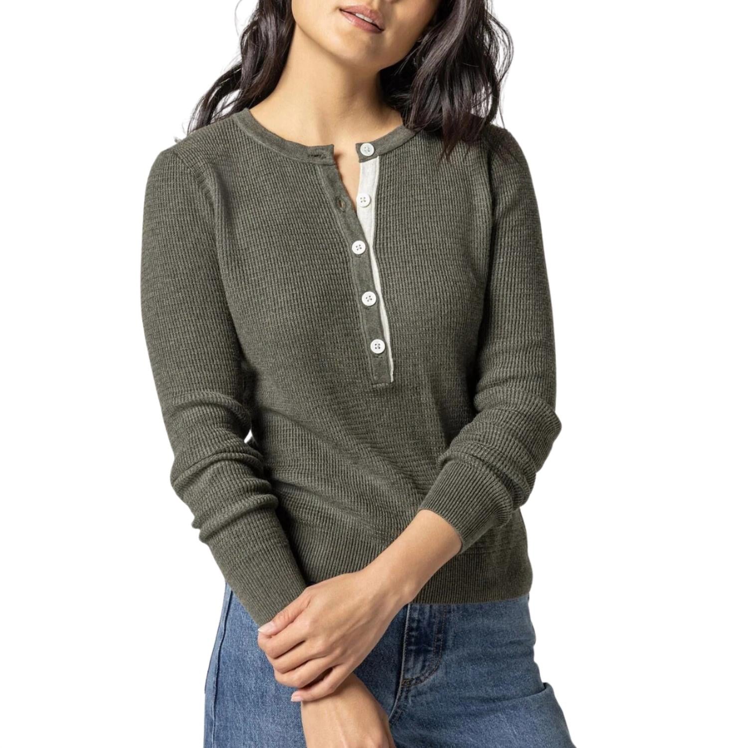 Lilla P - Women's Waffle Henley Sweater Top