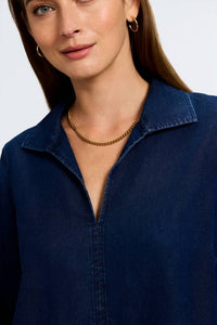 Foxcroft Agnes Tencel Denim 3/4 Sleeve Popover Shirt in dark wash navy denim - women's blouse - alternate view