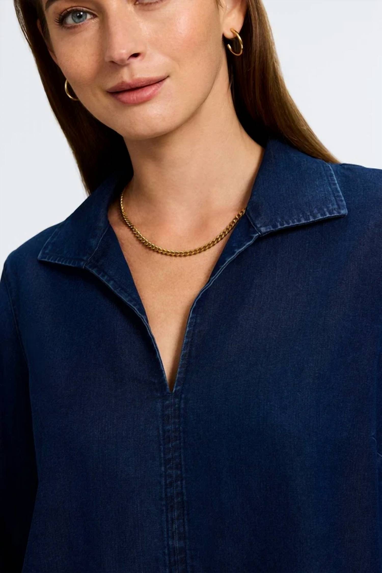 Foxcroft Agnes Tencel Denim 3/4 Sleeve Popover Shirt in dark wash navy denim - women's blouse - alternate view
