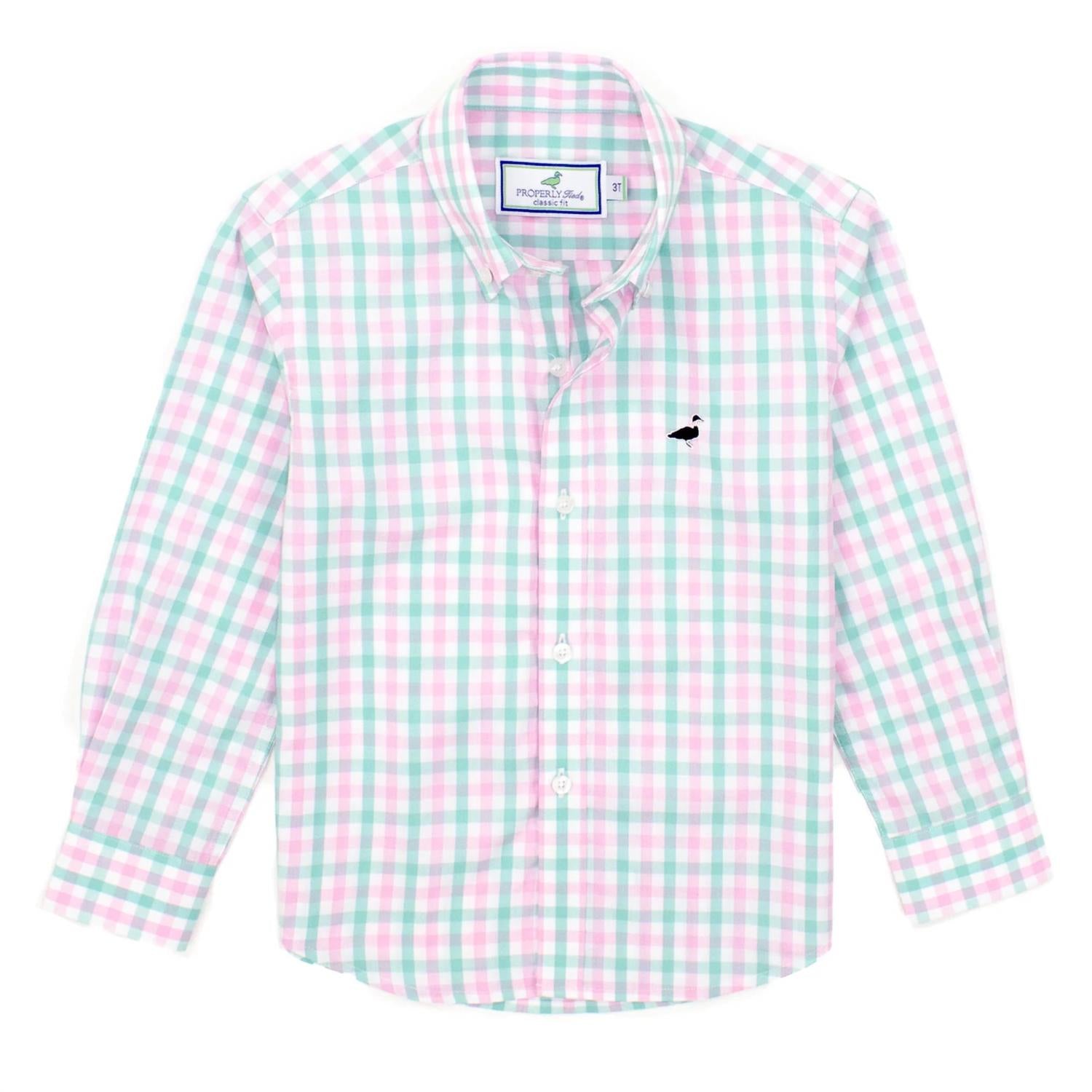 Properly Tied Seasonal Plaid Sportshirt in rosemary - kids' shirt - detail view