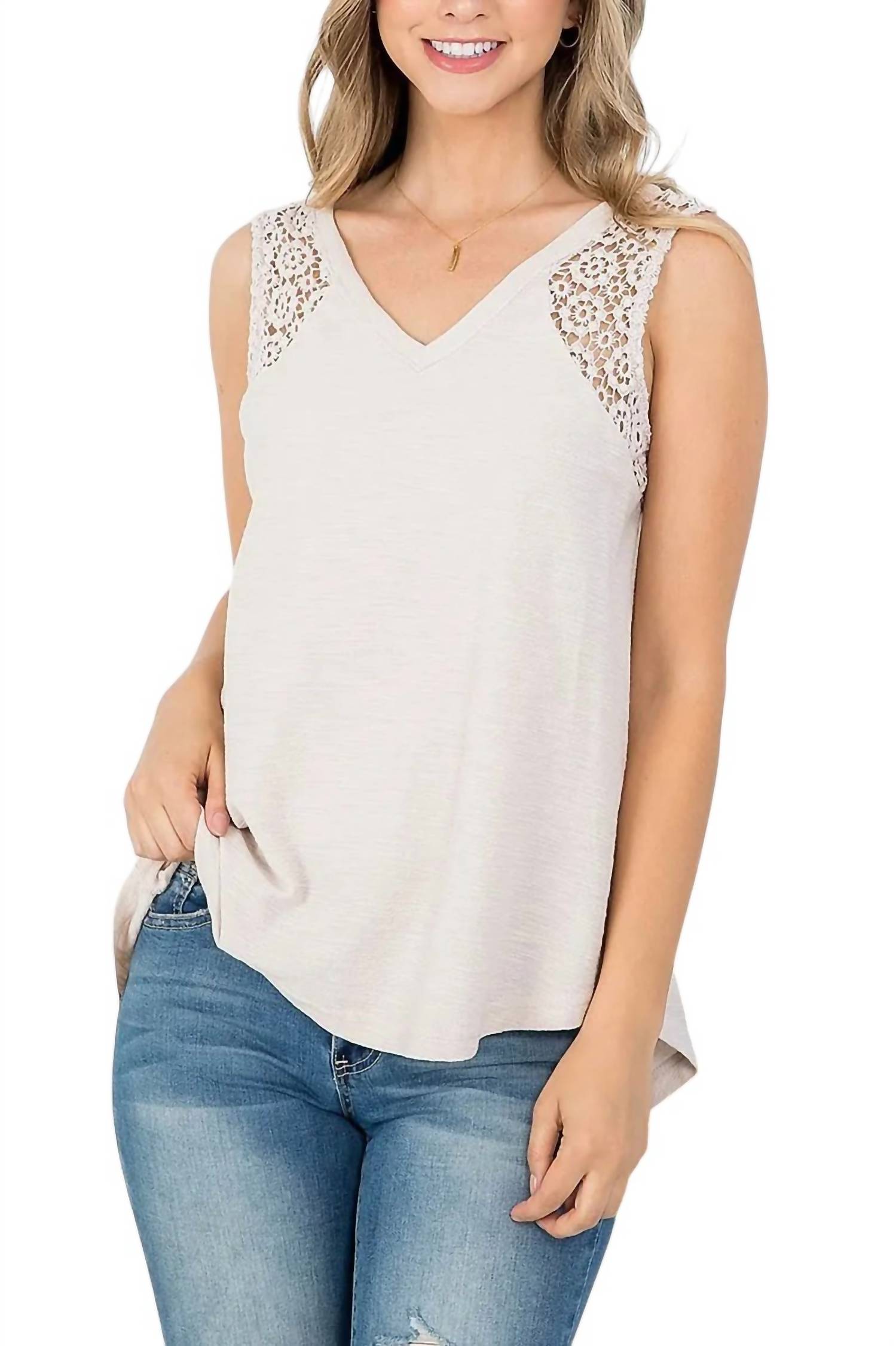 Doe And Rae - VNECK TANK TOP WITH CROCHET DETAIL