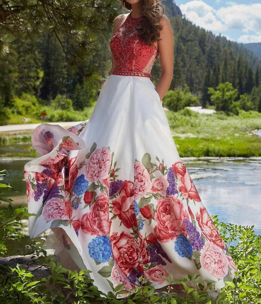 Paparazzi By Mori Lee - Beaded Bodice Floral Printed Satin Ball Gown