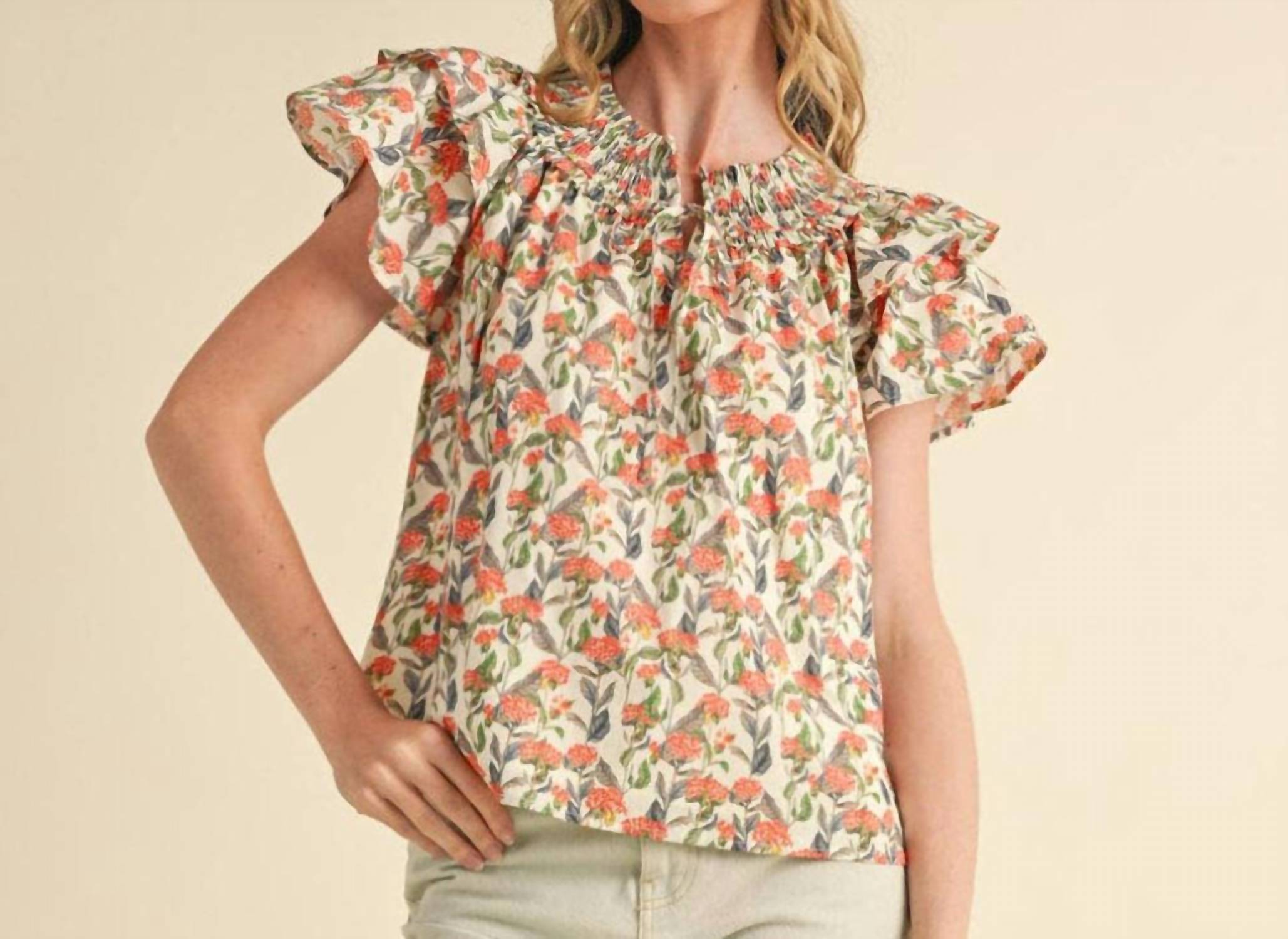 &merci Floral Flutter Sleeve Blouse in ivory - women's blouse