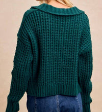 BiBi Diamond Patterned Collared Sweater Top in hunter - women's sweater - alternate view