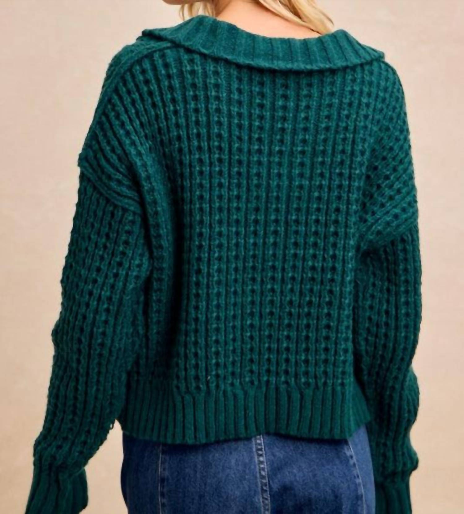 BiBi Diamond Patterned Collared Sweater Top in hunter - women's sweater - alternate view