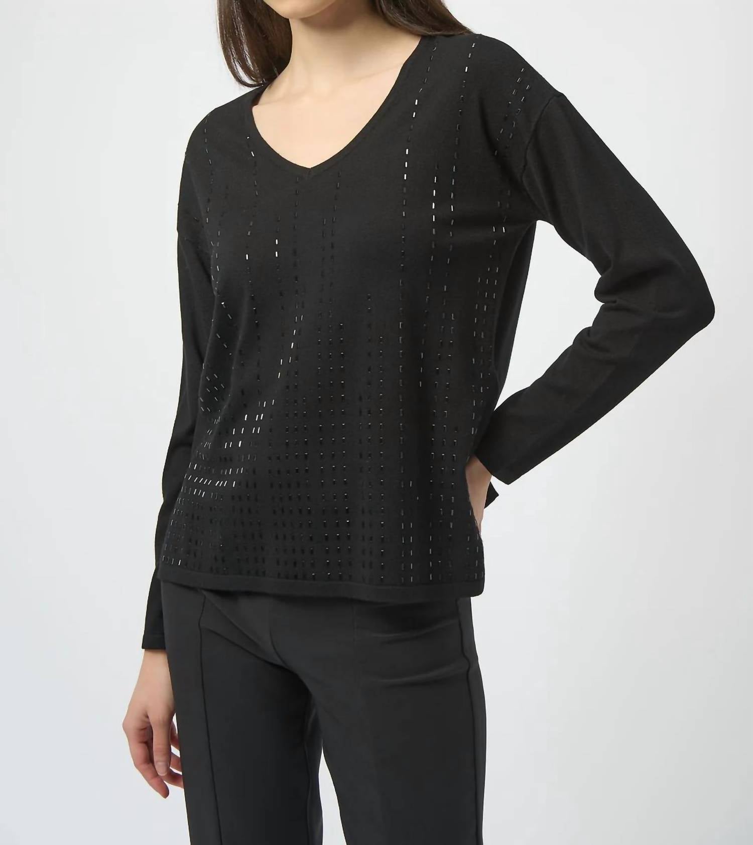 Joseph Ribkoff Iron-on V-neck Pullover Sweater Top in black - women's sweater