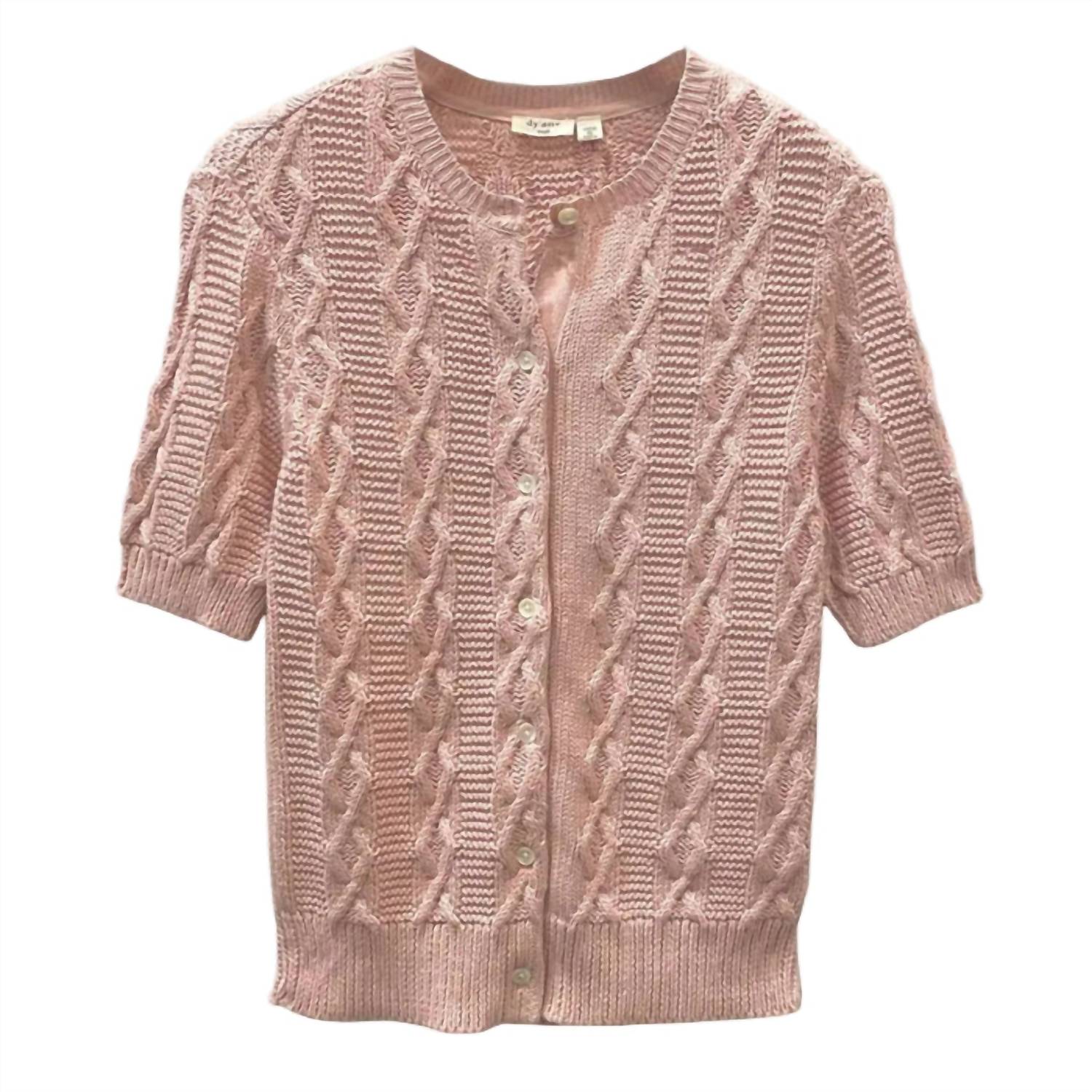 Dylan Cable Knit Cardigan in dusty pink - women's t-shirt - detail view