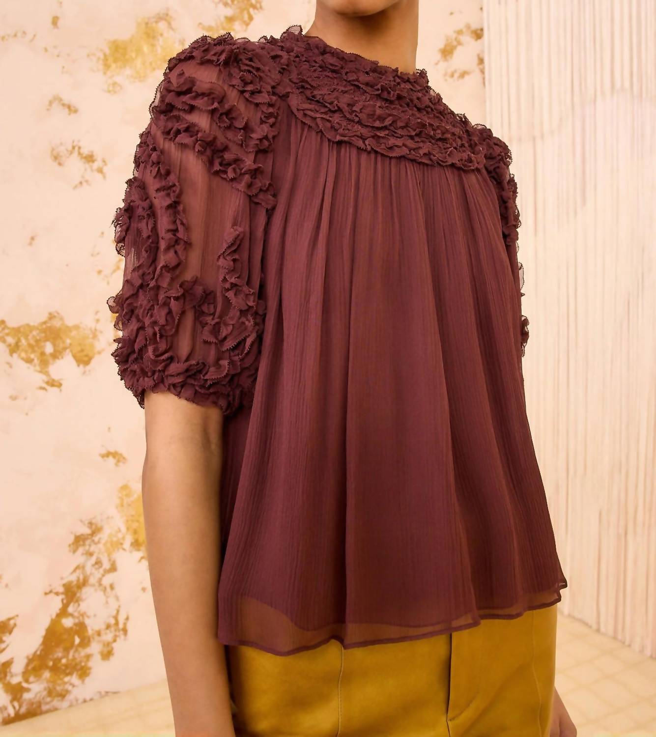 Ulla Johnson Isolda Silk Smocked Short Sleeve Blouse in mahogany 1 - women's blouse