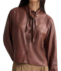 TWP Tie Insert Shirt in cigar - women's long sleeve top - detail view