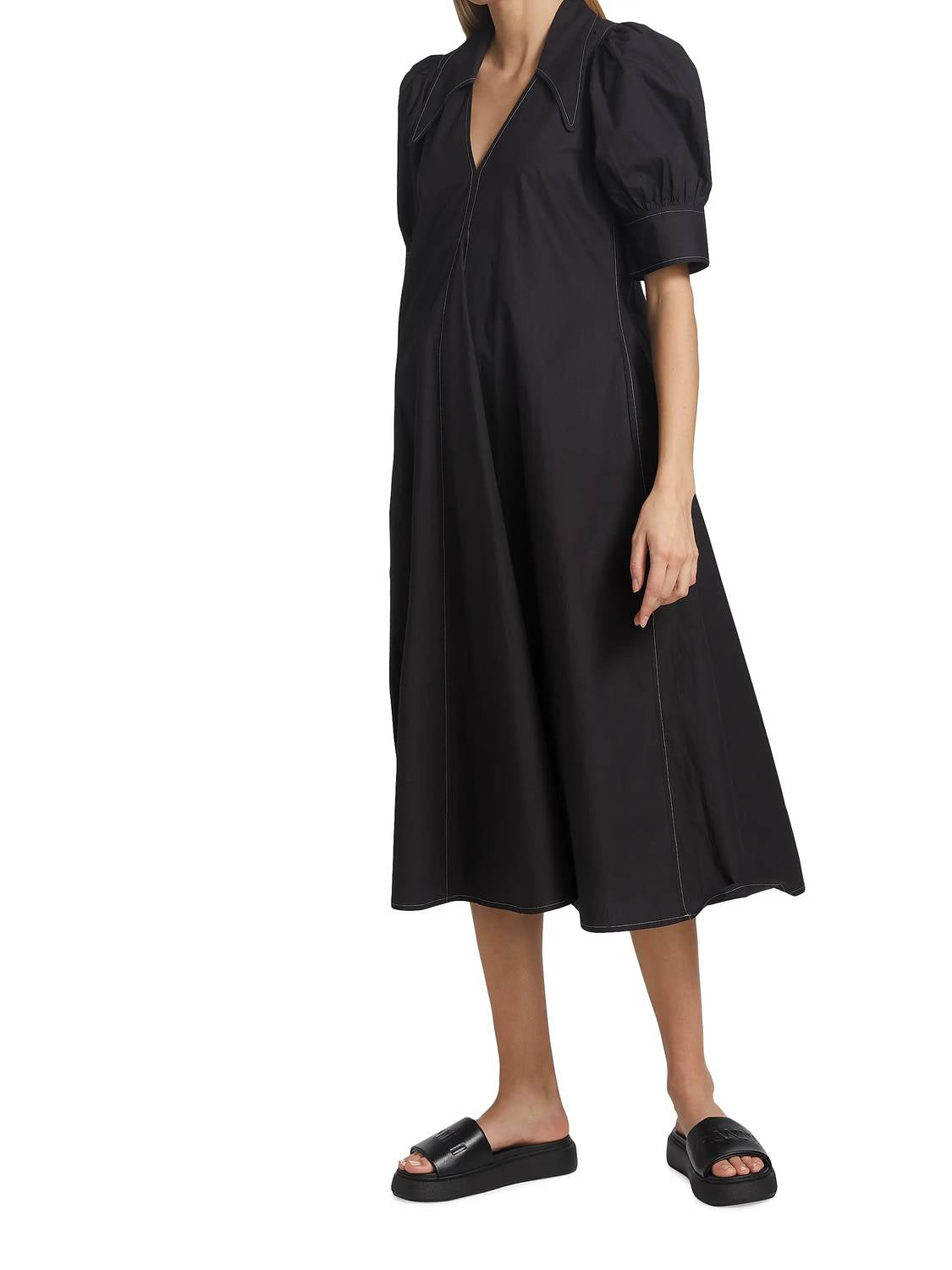 Ganni - Cotton Poplin V-neck Midi Dress