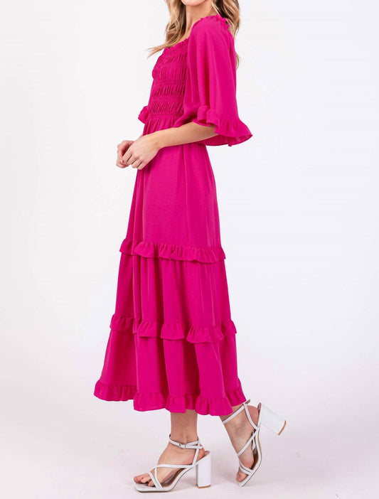 She + Sky - Bell Sleeve Square Neck Smocked Tiered Midi Dress
