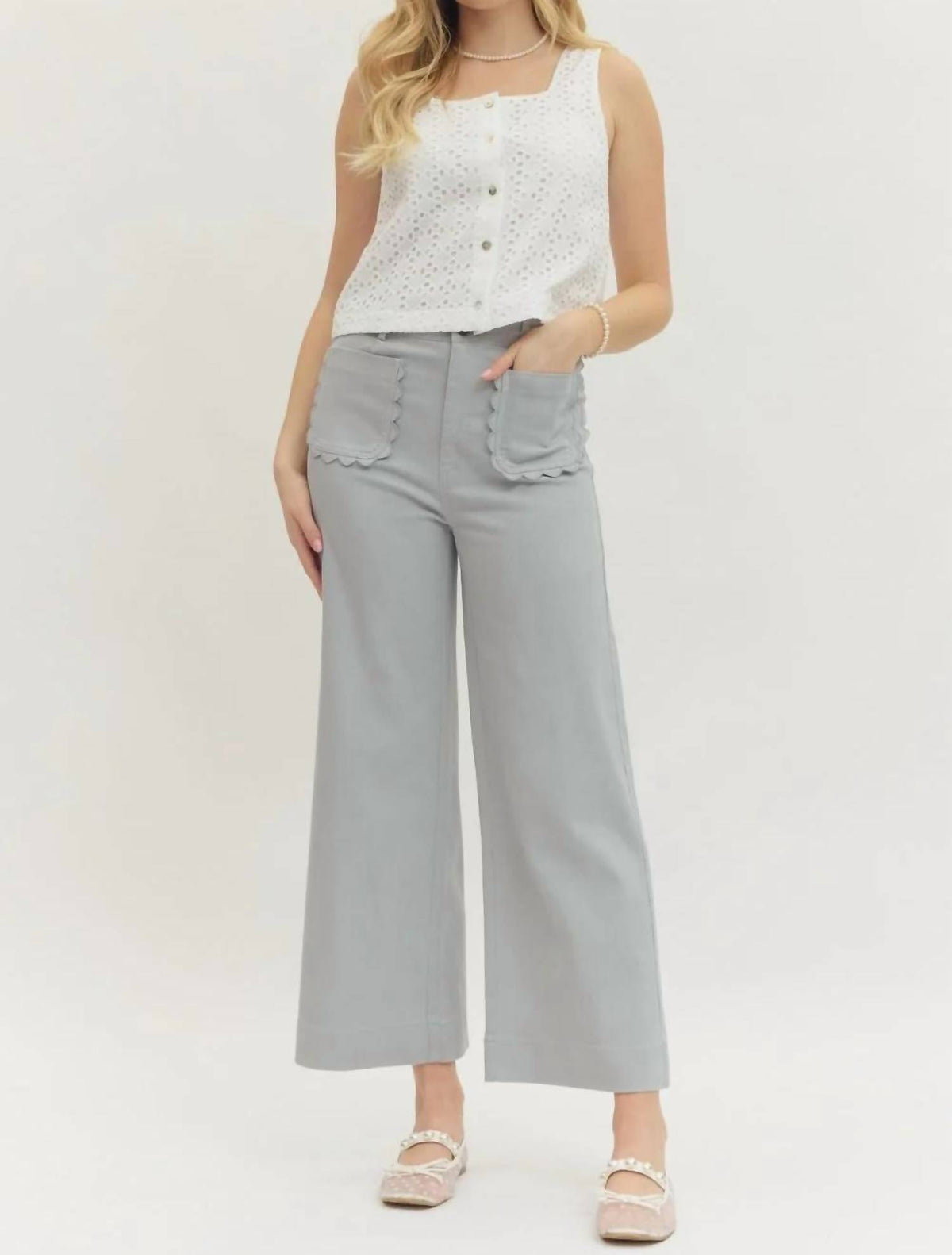 Entro - Solid Wide Leg Scallop Pocket Pants