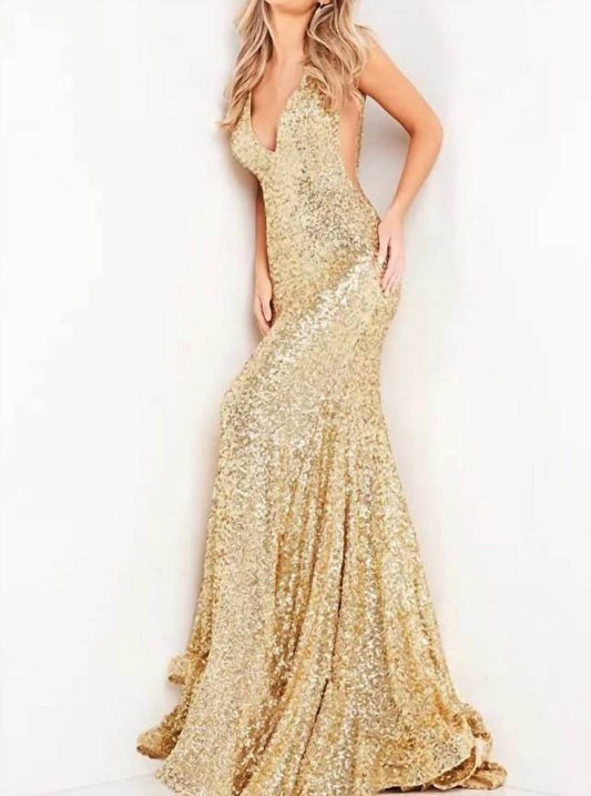 Jovani - Fitted V Neckline Sequin Gown