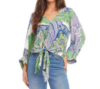 Karen Kane Pella Paisley Blouson Sleeve Tie Front Top in green multi - women's blouse