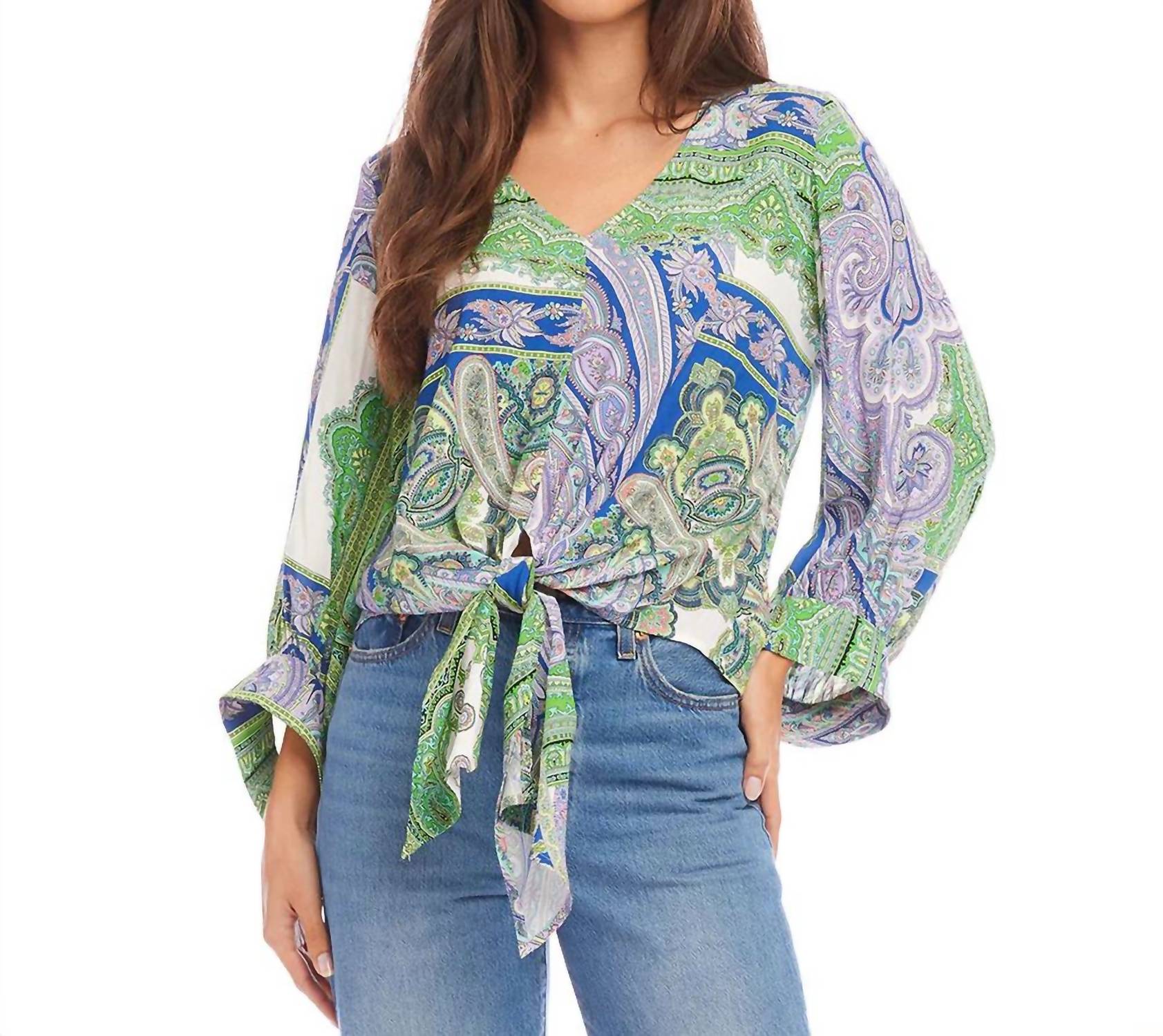 Karen Kane Pella Paisley Blouson Sleeve Tie Front Top in green multi - women's blouse