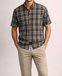 R-Options Classic Plaid Short Sleeve Button Down Shirt - Tan, Navy, and Black Plaid in multi color - men's t-shirt