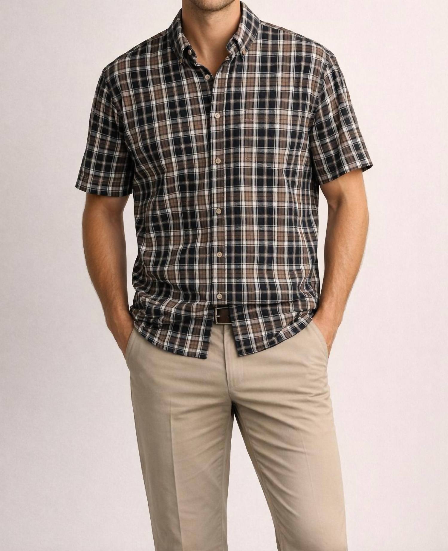 R-Options Classic Plaid Short Sleeve Button Down Shirt - Tan, Navy, and Black Plaid in multi color - men's t-shirt
