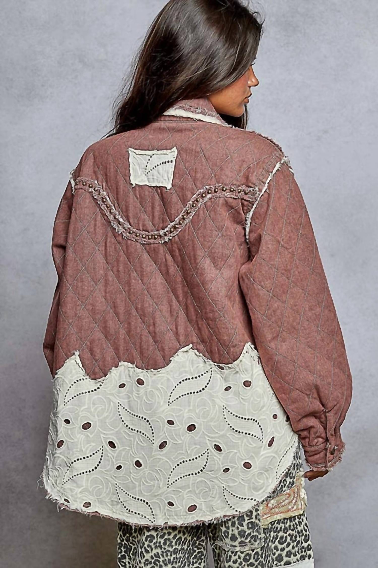 Pol - Long Sleeve Western-inspired Yoke Studded Lace Panel Jacket