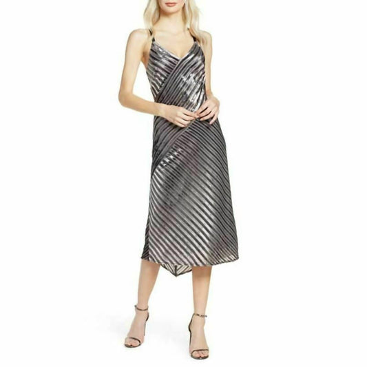 Harlyn - Metallic Stripes V Neck Cocktail Slip Midi Dress