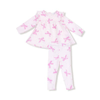 Angel Dear - Girl's Pretty Bows Ruffle Top & Ribbed Legging Set