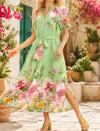 Umgee - Floral Border Print Midi Dress With Tie Belt