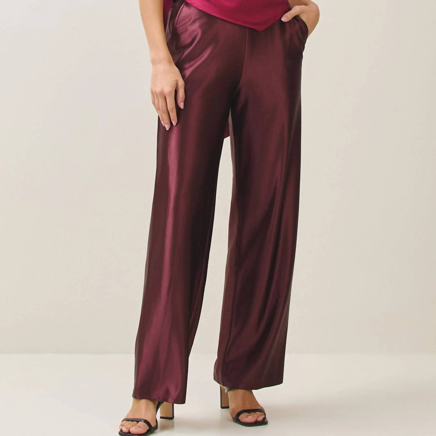 ABLE Satin Stretch Trousers in burgundy - women's pants - detail view