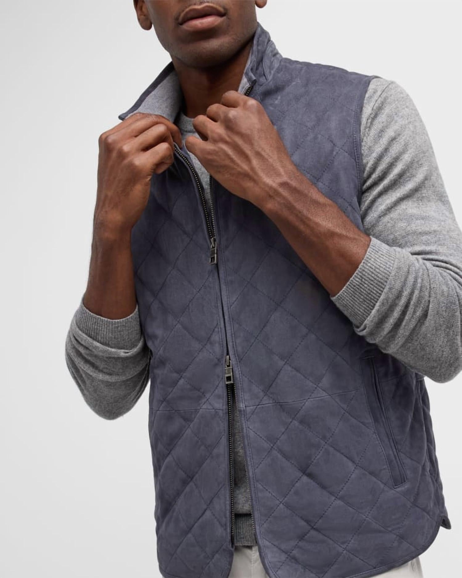 PETER MILLAR Essex Suede Zip Up Vest in grey - men's jacket - detail view