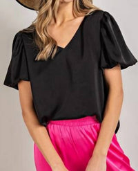 ee:some Bella V-neck Puff Top in black - women's t-shirt