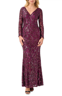 Adrianna Papell - V-neck Long Sleeve Mermaid Sequined Mesh Knit Gown