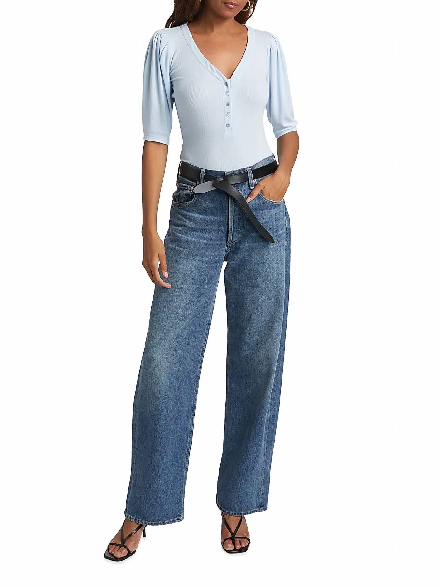 FRAME Rib Ruched Short Sleeve Henley Top in light chambray - women's blouse - view 6