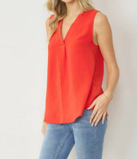 entro Sleeveless V-neck Top in red - women's blouse - detail view