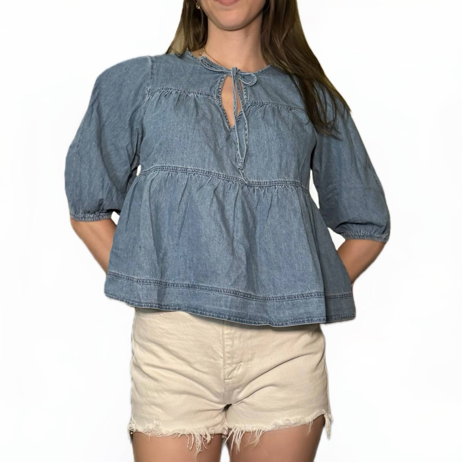 Mustard Seed - Ruffle Hem Tie Closure Denim Top