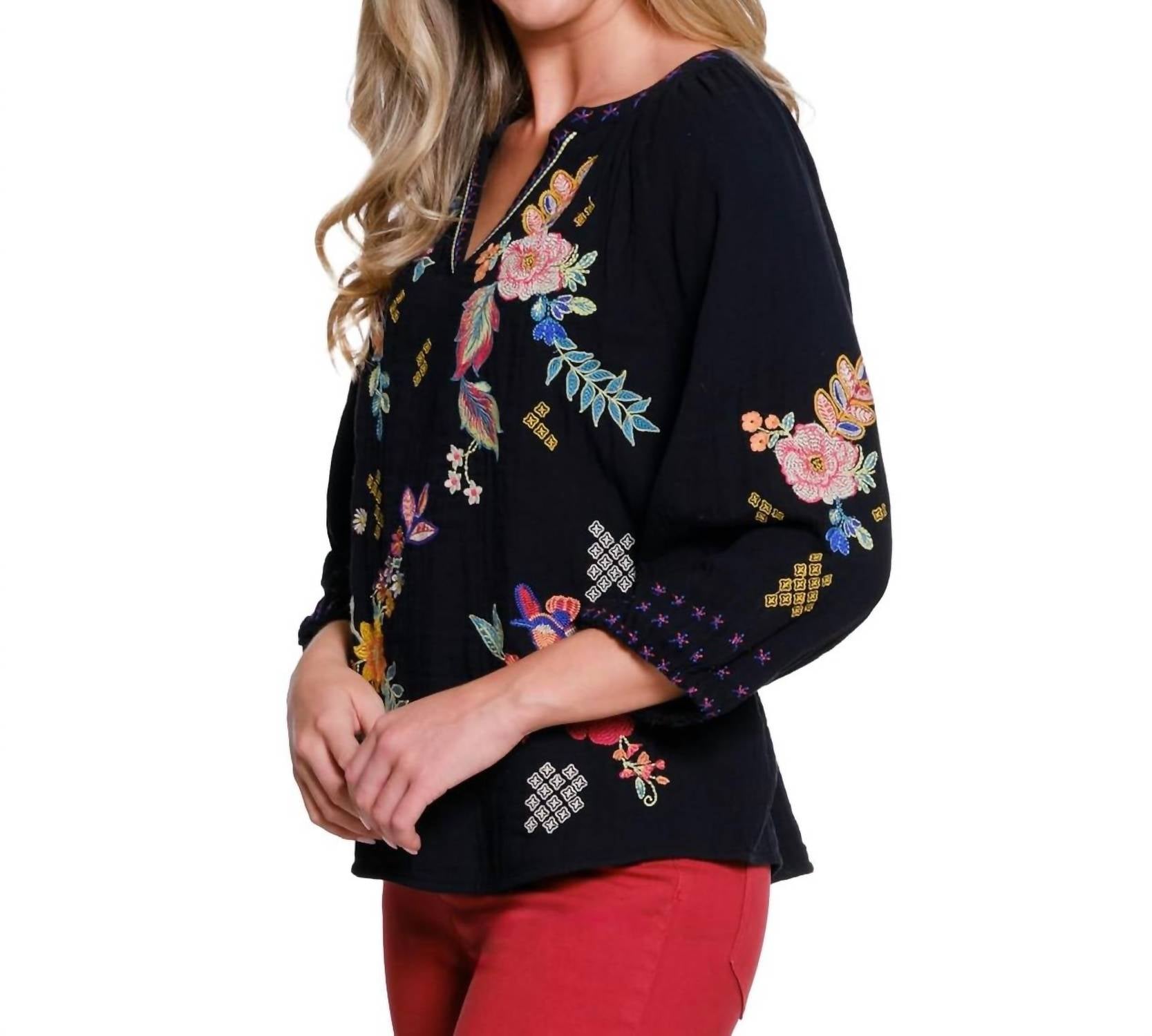 Tru Luxe - EMBROIDERED SPLIT NECK TOP