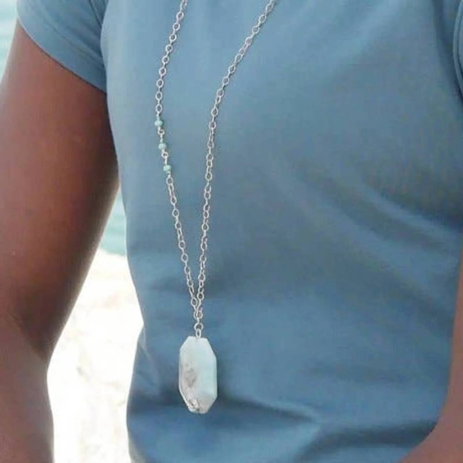 Vi Bella - Women's Amazonite Pendant Long Statement Necklace