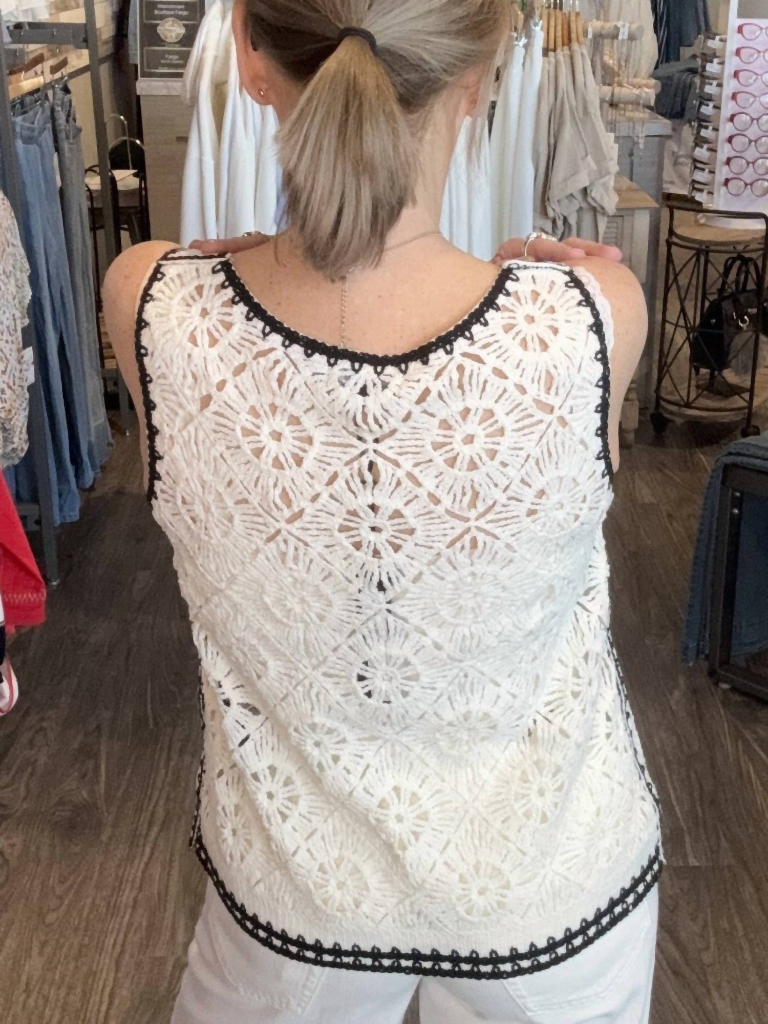 CHARLIE B Sleeveless Crochet Blouse in natural - women's blouse - alternate view