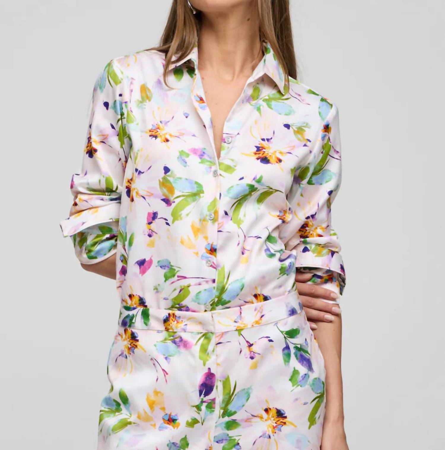 Hinson Wu Margot Long Sleeve Shirt Top in multi garden sateen - women's shirt