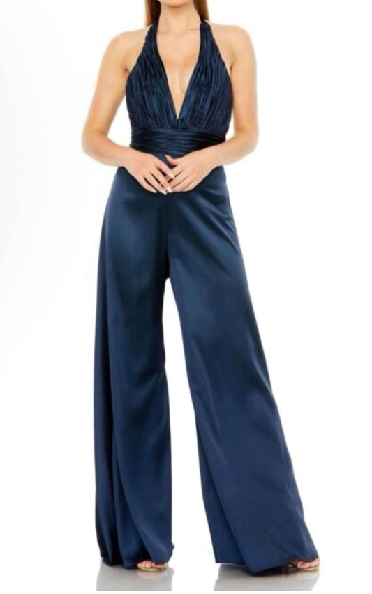 Mac Duggal - Ruched Halter Top Wide Leg Satin Jumpsuit