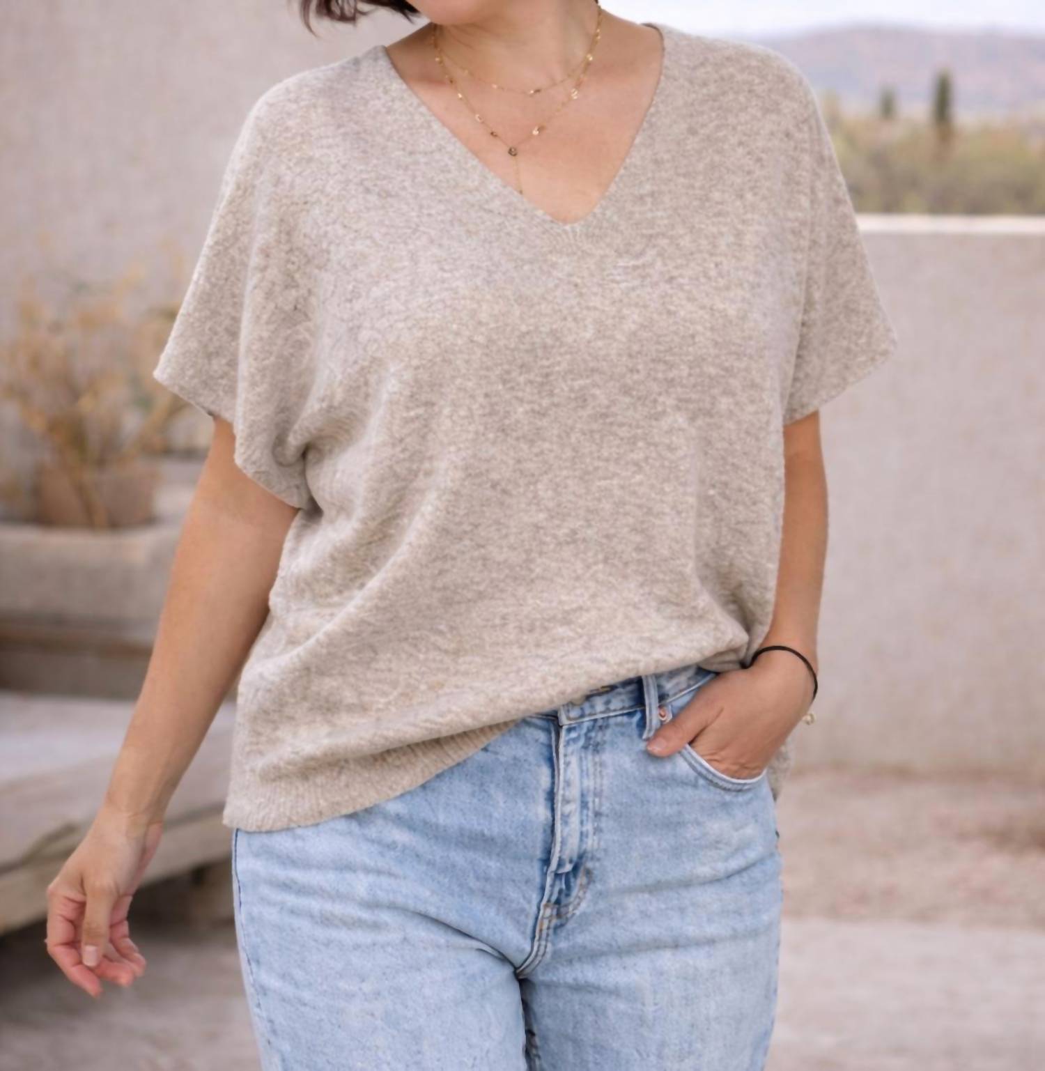 LOVESTITCH Bianca Dolman V-neck Top in beige - women's t-shirt - detail view