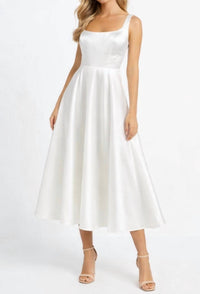 MAC DUGGAL Satin Tea Length A-line Dress in white - women's dress