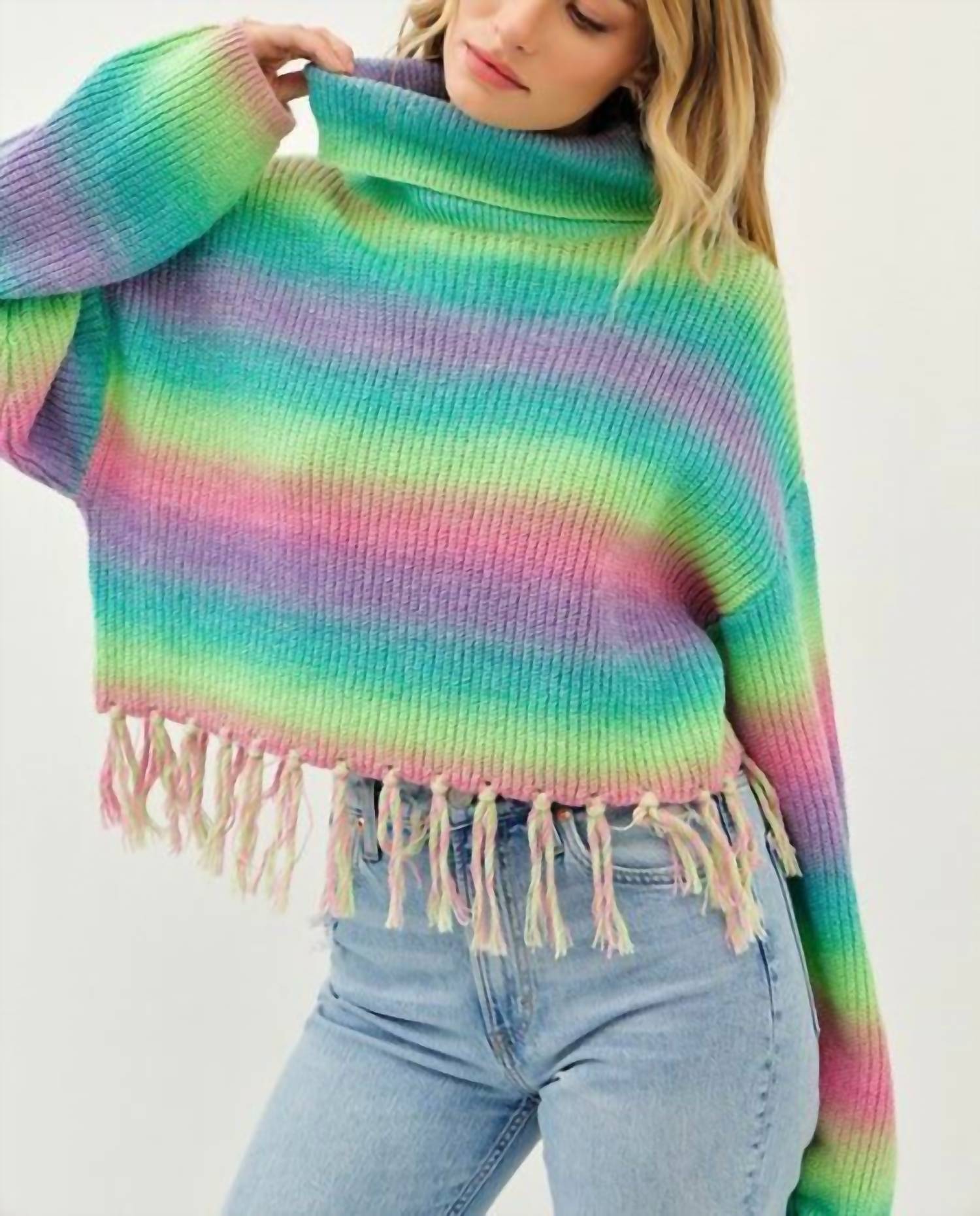 Idem Ditto - Addie Colorful Striped Sweater With Fringe